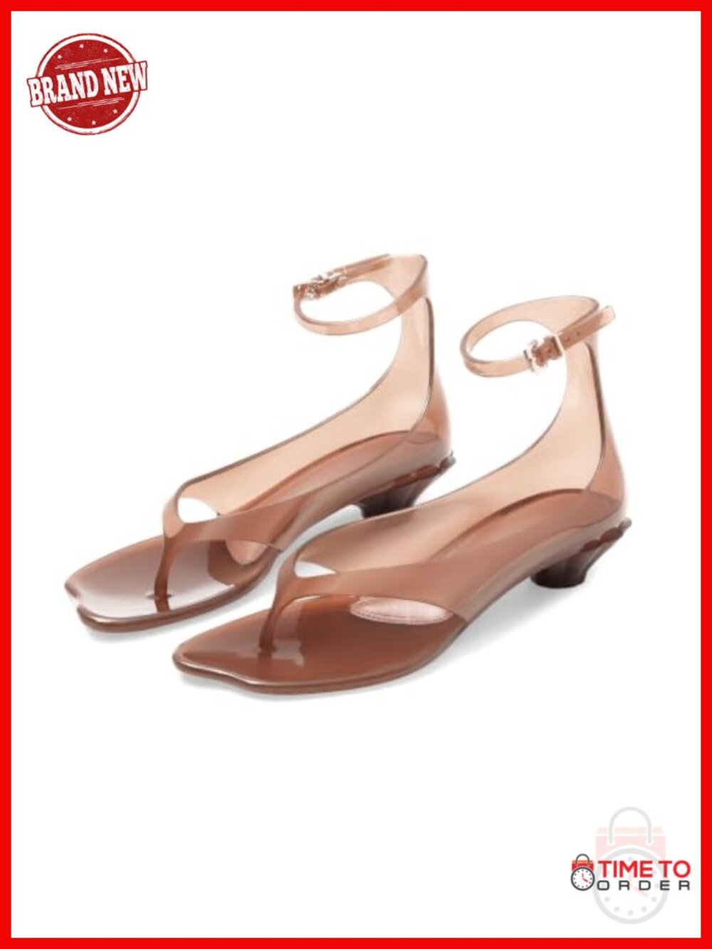 Jelly Thong Sandals Kitten Low Heels Square Toe Ankle Strap Women